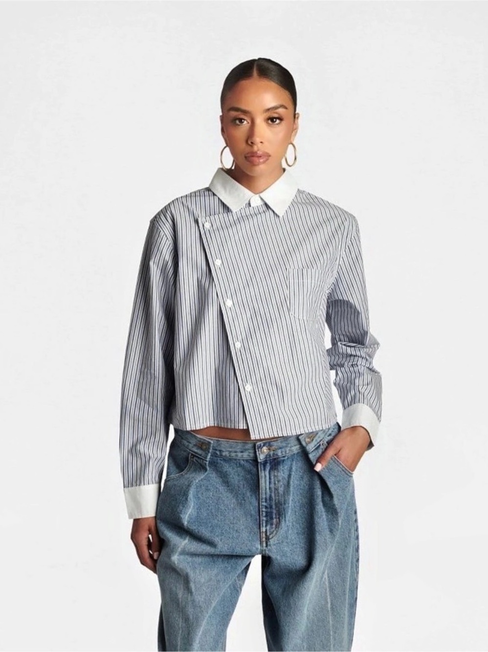KBB by Kahlana Stripe Asymmetric Button-Up Shirt Blue & White
